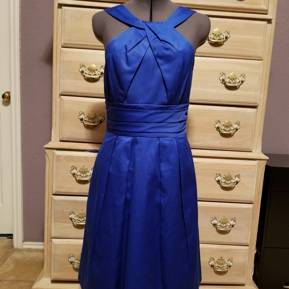 David's Bridal Bright Blue Sleeveless Dress with Cumberbund Size 2